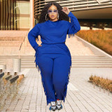 Plus Size Solid Hooded Tassel Long Sleeve 2 Piece Suits WPF-80248