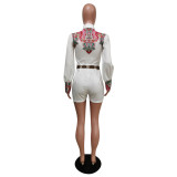 Casual Printed Long Sleeve Belted Romper MEM-88379