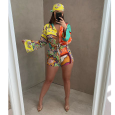 Casual Printed Long Sleeve Shirt+Shorts 2 Piece Suits (With Hearscarf)YIY-53012