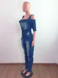 Plus Size Denim Ripped Half Sleeve Jeans Jumpsuit LX-6907