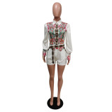 Casual Printed Long Sleeve Belted Romper MEM-88379