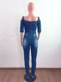 Plus Size Denim Ripped Half Sleeve Jeans Jumpsuit LX-6907