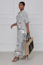 Plus Size Newspaper Print Short Sleeve Maxi Shirt Dress SFY-2129
