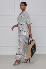 Plus Size Newspaper Print Short Sleeve Maxi Shirt Dress SFY-2129