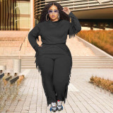 Plus Size Solid Hooded Tassel Long Sleeve 2 Piece Suits WPF-80248