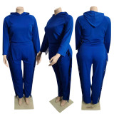 Plus Size Solid Hooded Tassel Long Sleeve 2 Piece Suits WPF-80248