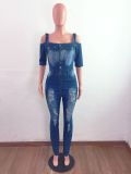 Plus Size Denim Ripped Half Sleeve Jeans Jumpsuit LX-6907