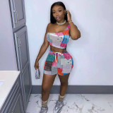 Sexy Printed One Shoulder Two Piece Short Sets WMEF-2039