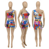 Sexy Printed One Shoulder Two Piece Short Sets WMEF-2039