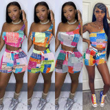 Sexy Printed One Shoulder Two Piece Short Sets WMEF-2039
