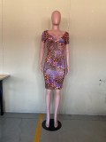 Sexy Printed V Neck Short Sleeve Mini Dress OLYF-6073