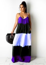 Printed Contrast Color Spaghetti Strap Loose Maxi Dress CXLF-KK840