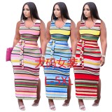 Large Size Sleeveless Contrast Color Striped Print Dress CXLF-KK841