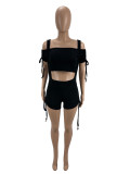 Solid Color Sexy Short Sleeve Sling Shirring Two Piece Sets CXLF-KK847