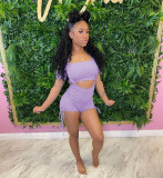 Solid Color Sexy Short Sleeve Sling Shirring Two Piece Sets CXLF-KK847