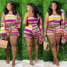 Contrast Color Striped Camisole Shorts Two Piece Sets (Without Coat) CXLF-KK820