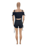 Solid Color Sexy Short Sleeve Sling Shirring Two Piece Sets CXLF-KK847