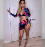 Floral Print Long Sleeve Mini Skirt 3 Piece Sets MDF-5225