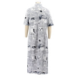 Plus Size Newspaper Print Short Sleeve Maxi Shirt Dress SFY-2129