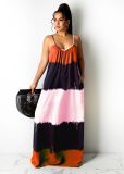 Printed Contrast Color Spaghetti Strap Loose Maxi Dress CXLF-KK840