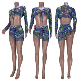 Floral Print Long Sleeve Mini Skirt 3 Piece Sets MDF-5225
