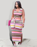 Large Size Sleeveless Contrast Color Striped Print Dress CXLF-KK841