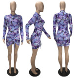 Printed Shirring Slim Long Sleeve Dress CXLF-KK851