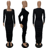 Plus Size Solid Square Collar Ruched Long Sleeve Maxi Dress XYF-9113