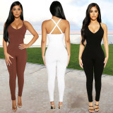 Solid Sleeveless Sling Cross Strap Tight Jumpsuit BGN-172