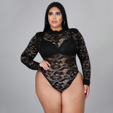Plus Size Lace Perspective Bodysuit+Pants 2 Piece Sets NNWF-7264
