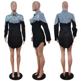 Casual Denim Patchwork Draswstring Shirt Dress WY-6836