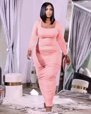Plus Size Solid Square Collar Ruched Long Sleeve Maxi Dress XYF-9113