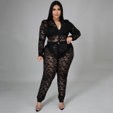 Plus Size Lace Perspective Bodysuit+Pants 2 Piece Sets NNWF-7264