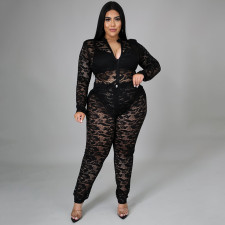 Plus Size Lace Perspective Bodysuit+Pants 2 Piece Sets NNWF-7264