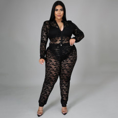 Plus Size Lace Perspective Bodysuit+Pants 2 Piece Sets NNWF-7264