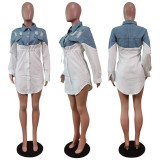 Casual Denim Patchwork Draswstring Shirt Dress WY-6836