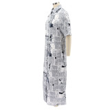Plus Size Newspaper Print Short Sleeve Maxi Shirt Dress SFY-2129