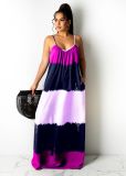 Printed Contrast Color Spaghetti Strap Loose Maxi Dress CXLF-KK840