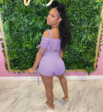 Solid Color Sexy Short Sleeve Sling Shirring Two Piece Sets CXLF-KK847