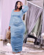 Plus Size Solid Square Collar Ruched Long Sleeve Maxi Dress XYF-9113