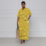 Plus Size Newspaper Print Short Sleeve Maxi Shirt Dress SFY-2129