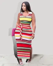 Large Size Sleeveless Contrast Color Striped Print Dress CXLF-KK841