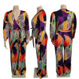 Plus Size V Neck Long Sleeve Sashes Jumpsuit WPF-80238