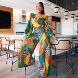 Plus Size V Neck Long Sleeve Sashes Jumpsuit WPF-80238