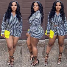 Casual Striped Shirt Top And Shorts Two Piece Sets QY-5258