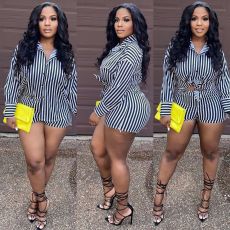 Casual Striped Shirt Top And Shorts Two Piece Sets QY-5258