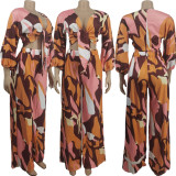 Sexy Printed 3/4 Sleeve Wide Leg Pants 2 Piece Suits ZDF-31139