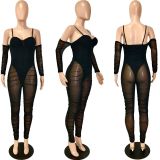 Plus Size Sexy Mesh See Through Long Sleeve Strap Jumpsuit YNSF-1656
