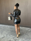 PU Leather Long Sleeve Top Mini Skirt 2 Piece Sets BS-1282