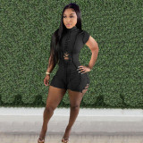 Solid Short Sleeve Lace-Up Romper LSD-81019